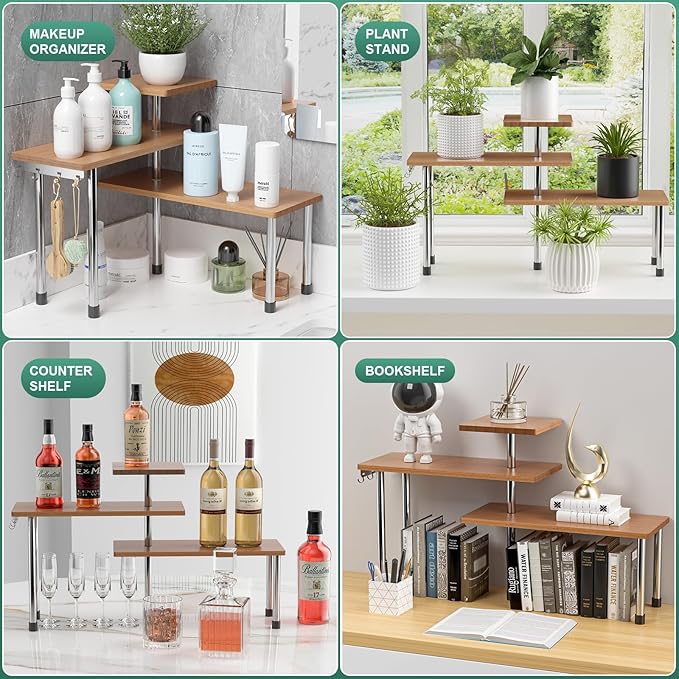 ZHWS Bathroom Counter Organizer Corner Countertop Shelf Adjustable 3 Tier Corner Shelf Kitchen Counter Organizer with 4 Metal