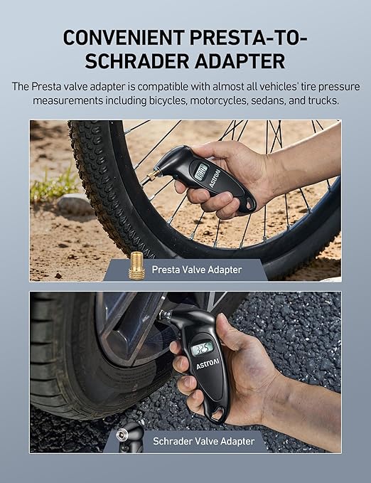 AstroAI Digital Tire Pressure Gauge with Replaceable AAA Batteries 0-150PSI, Accurate in 0.1 Increments, Tire Gauge with Backlit LCD, Presta Valve Adaptor, 4 Units for Car Truck Bicycle, Black, 2pack