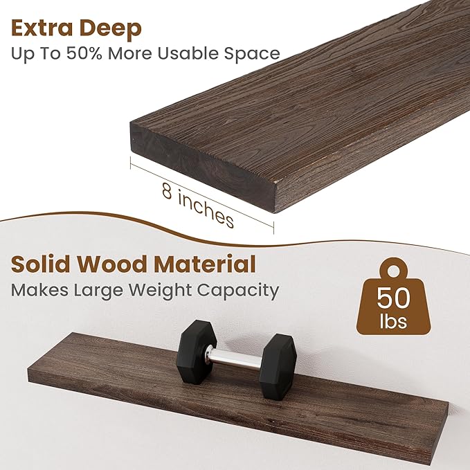 Floating Shelves for Wall Decor, 8 Inch Deep Rustic Solid Elm Wood Floating Shelves Wall Mounted, Wall Shelves with Invisible