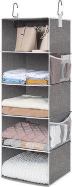 StorageWorks 5-Shelf Hanging Shelves for Closet, Foldable Hanging Closet Organizers with 2 Side Pockets, Portable Clothes Org