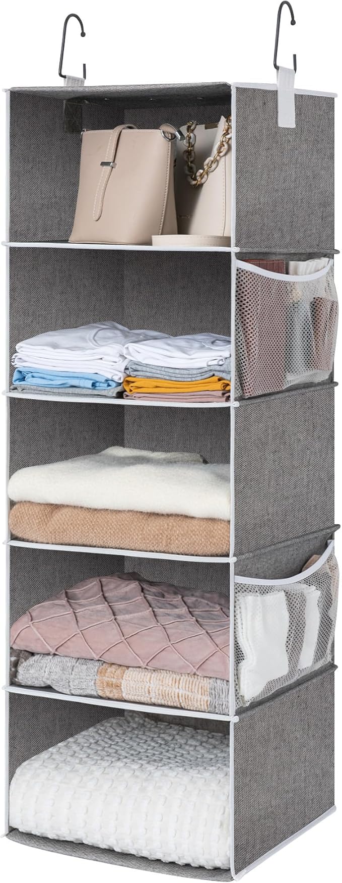 StorageWorks 5-Shelf Hanging Shelves for Closet, Foldable Hanging Closet Organizers with 2 Side Pockets, Portable Clothes Org