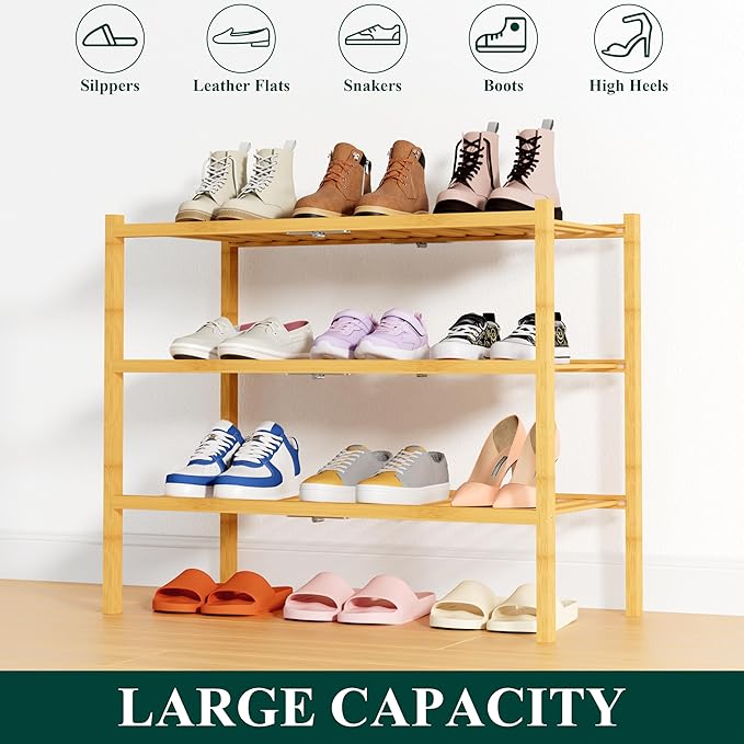 Smiry Shoe Rack, 3 Tier Thick Bamboo Shoe Organizer, Stackable Free Standing Wooden Shoe Storage Shelf for Closet, Entryway, 