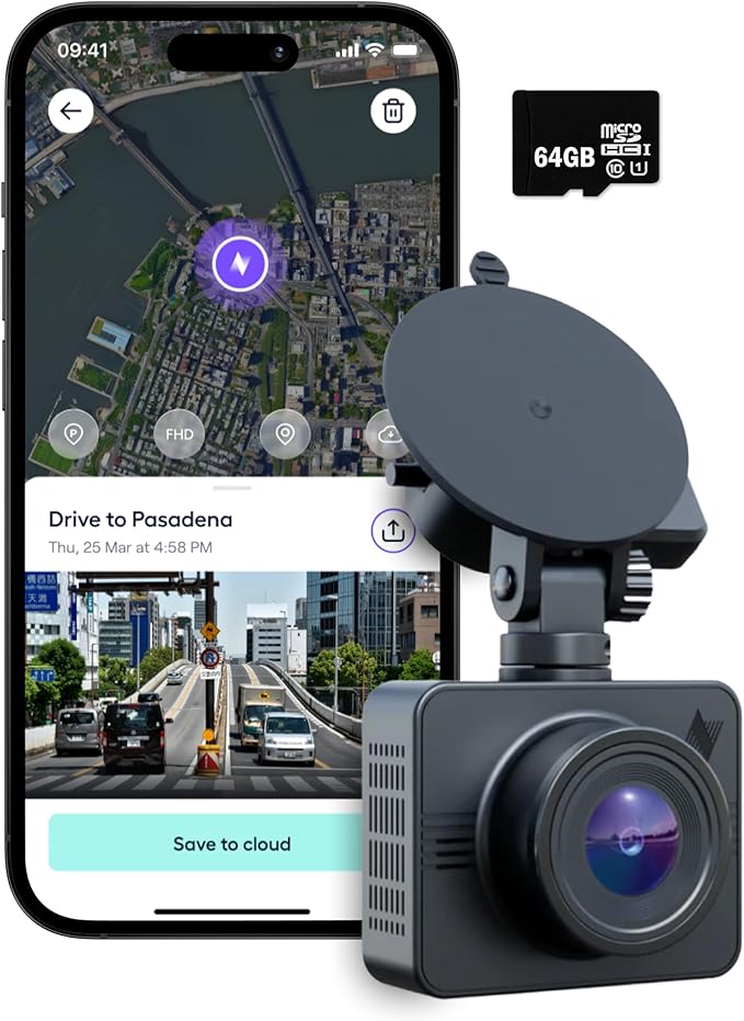 Nexar Beam GPS Dash Cam - 1 Year Nexar App Subscription Included - Unlimited Cloud Storage, Drive Recordings, Parking Mode, N
