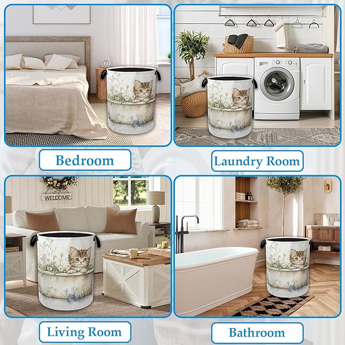 Cute Cat Laundry Hamper Bathtub Flowers Laundry Basket Collapsible Portable Clothes Toy Storage Bin for Bathroom Bedroom Room