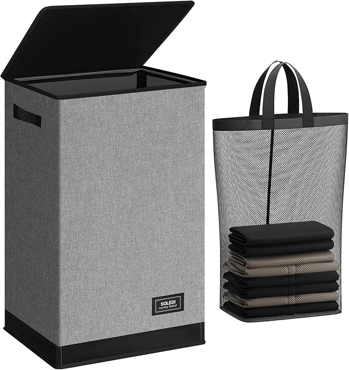 SOLEDI Laundry Hamper with Lid 90L Large & Tall Collapsible Laundry Basket, Clothes Hamper with Bag Removable Easy to Carry, 