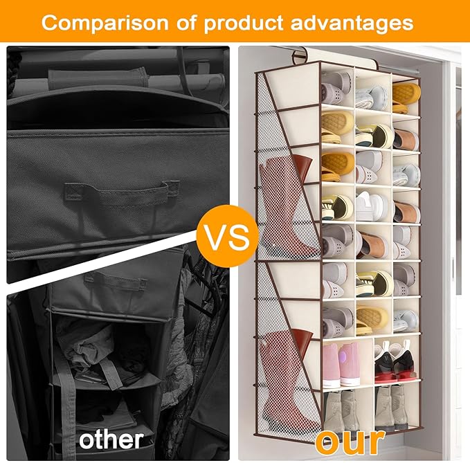 VERONLY Hanging Shoe Organizer for Closet-Collapsible Storage Rack with 25 Sections & 4 Side Pockets, Hanging Shoe Shelves fo