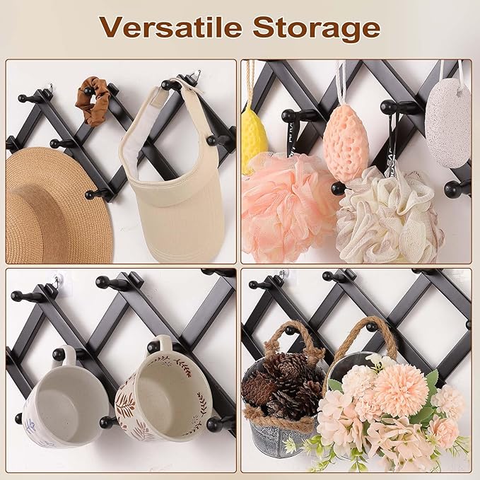 SCUNDA Expandable Hat Hanger for Wall,10 Wall Hooks Organizer for Hat, Coat, Cap, Mug - Space Saving Wall Mounted Hat Rack fo
