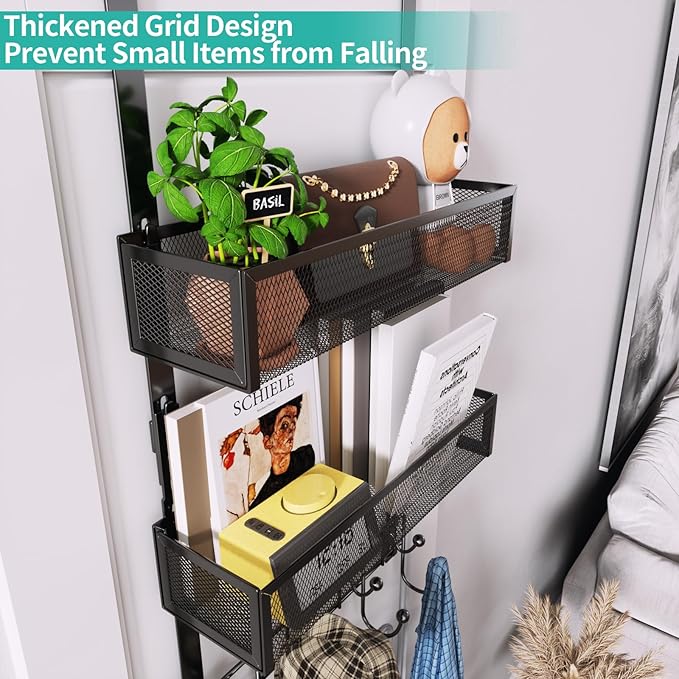 HapiRm Over The Door Hanger with Coat Hooks and 2 Baskets, Rustproof & Waterproof Over The Door Hooks, Storage Organizer for 