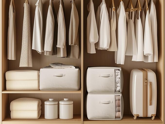Large Canvas Clothes Storage Bags with Thick Handles and Clear Window, Foldable Cotton Linen Underbed Closet Organizer for Cl