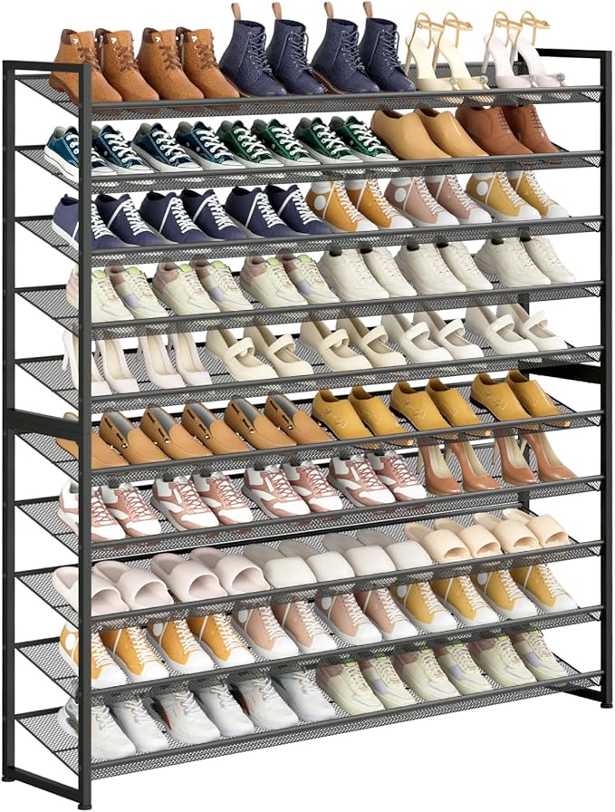 Large Shoe Rack 10 Tier Shoe Organizer, Heavy Duty Metal 5-Tier Stackable Shoe Storage Vertical Shoe Rack for Closet Front Do
