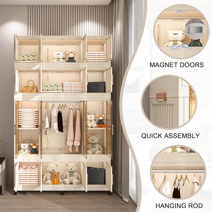 Portable Wardrobe Closet, Folding Bedroom Armoire, Plastic Closet Organizer with Hanging Rod, Clothing Storage Bins with Magn