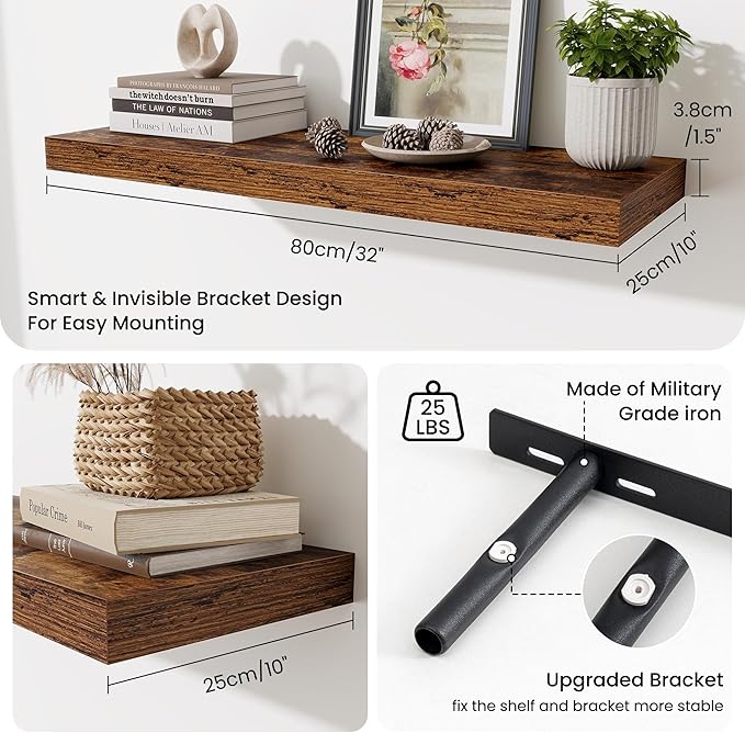 Fun Memories Floating Shelves for Wall, 32 Inch Long Floating Shelves Set of 2, 32 x 10 Wooden Shelves for Wall, Large Storag