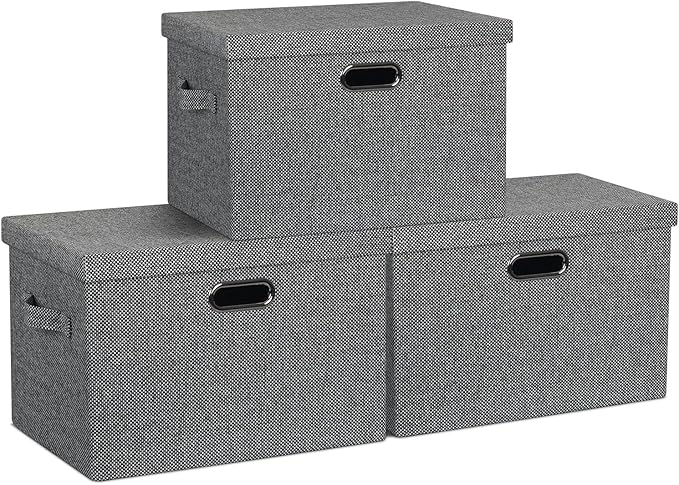 Graciadeco Large 17" 36 Quart Collapsible Stackable Storage Bins with Lids, 3 Packs Black and White Mix Linen Fabric Closet B