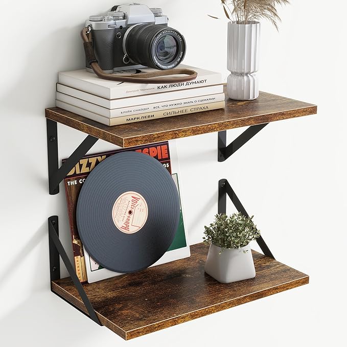 8" Deep Floating Shelves for Wall,16 inch Wood Wall Shelves Set of 2,Wide Floating Bookshelf with Sturdy Metal Brackets,Hangi