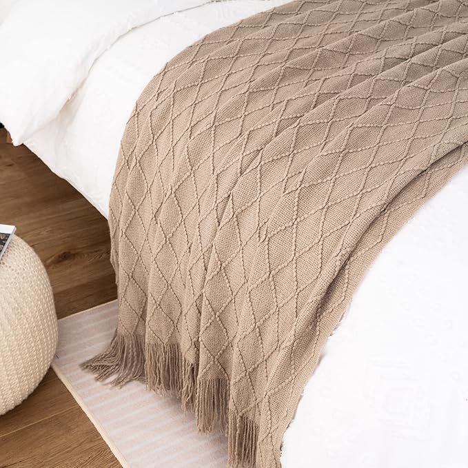 BATTILO HOME Khaki Throw Blanket for Couch, Boho Bed Tan Throws, Spring Decorative Taupe Throw for Sofa Foot of Bed, 50"x60"
