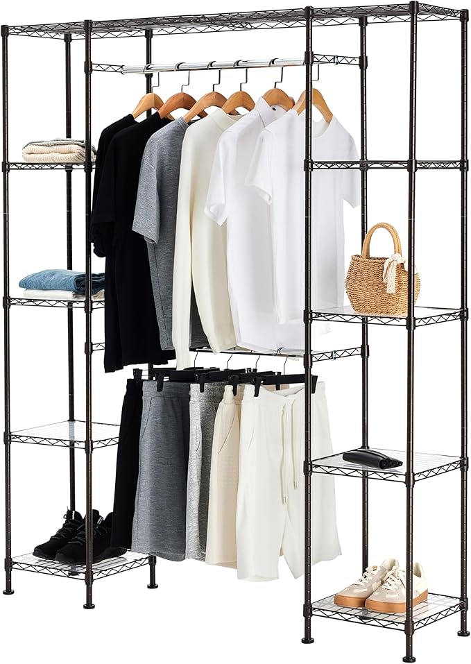 Amazon Basics Expandable Metal Hanging Closet Organizer and Storage Rack Wardrobe with Shelves, 57-80''L x 14''W x 72''H, Bro