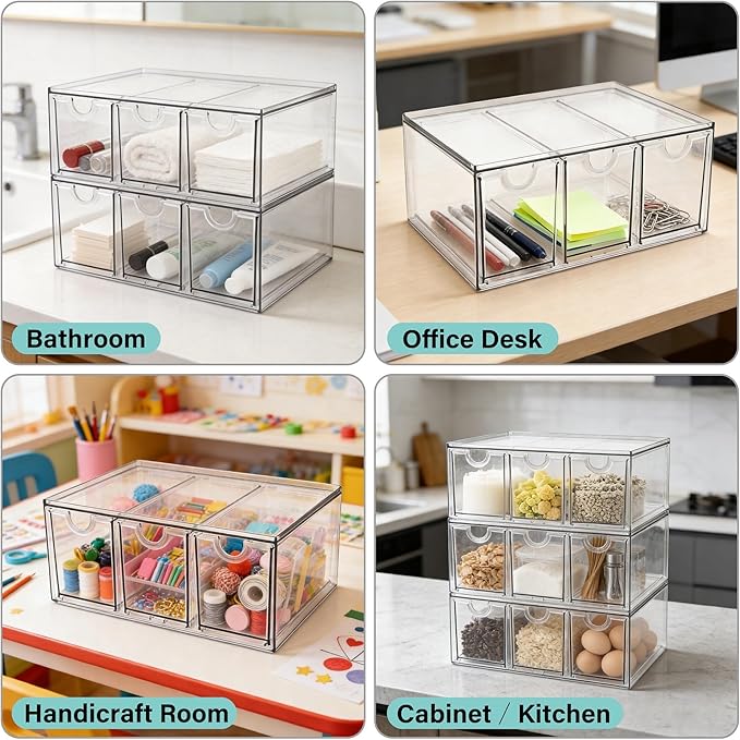 Prsildan Acrylic Makeup Organizer, 3 Pack Stackable Storage Drawers with 9 Drawers for Office Desk Vanity Craft Room Clear Dr