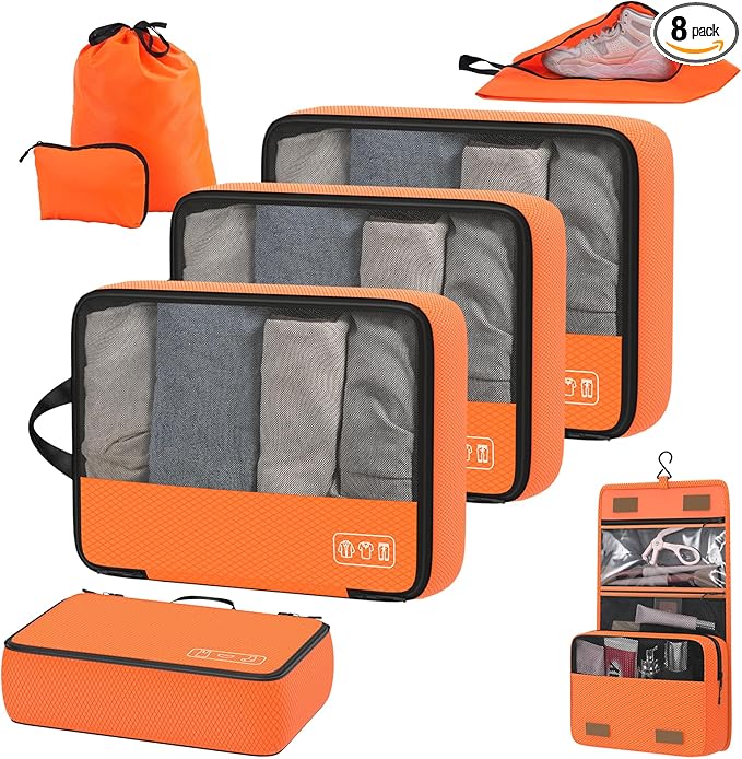 8-Piece Compression Packing Cubes for Travel, Bright & Lightweight Luggage Organizer System for Outdoor Travel & Adventure, S