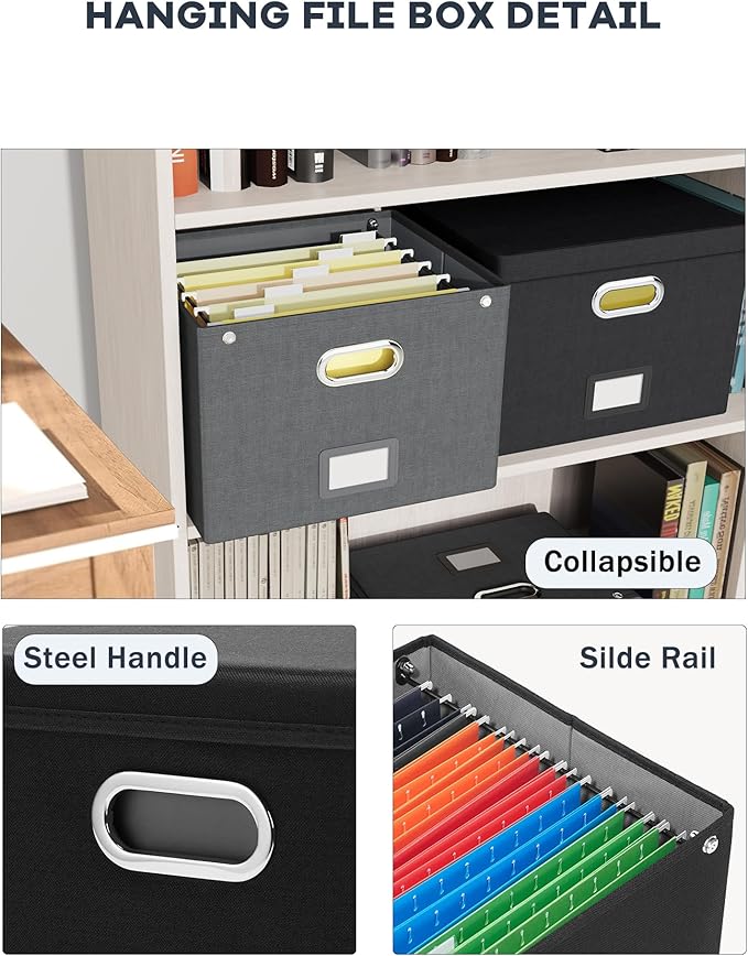 Oterri File Organizer Box with Lid,Large Hanging Filing Box with Mesh Pocket, Document c for Letter Files, Portable Storage C