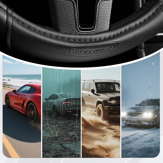 Rubbermaid Steering Wheel Cover – Universal Fit 14.5"–15" Steering Wheel Cover, Anti-Slip Grip, Breathable Leather, All-Seaso