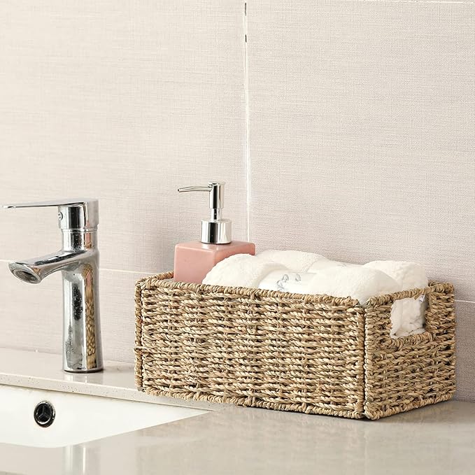 Vagusicc Wicker Storage Basket, Set of 2 Hand-Woven Storage Baskets for Organizing, Small Wicker Basket for Toilet Paper, Fol