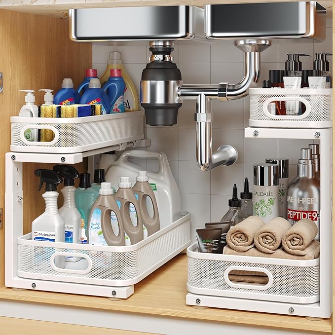 2 Pack Under Sink Organizer With Smooth Cylindrical Rail,2-Tier Pull Out Multi-Purpose Cabinet Storage for Bathroom&Kitchen,H