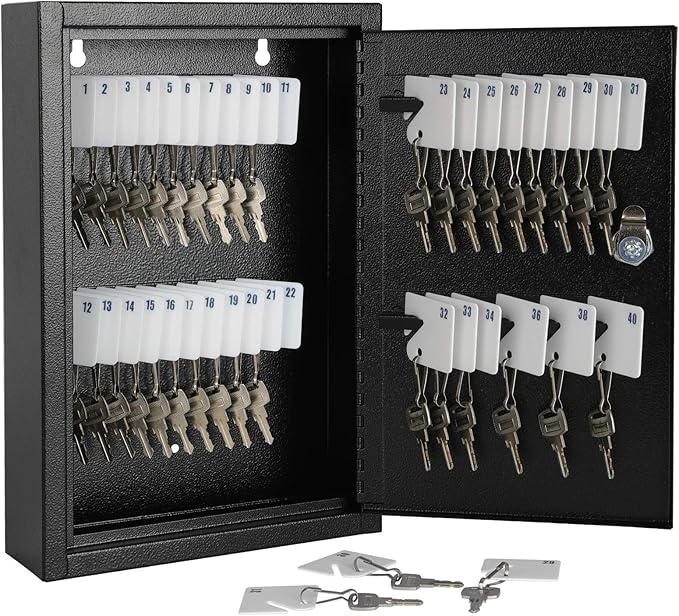 KYODOLED Key Storage Lock Box Wall Mount, Locking 40 Key Cabinet Holder Box with Key Lock, Hooks & Labels for Home, Office, C