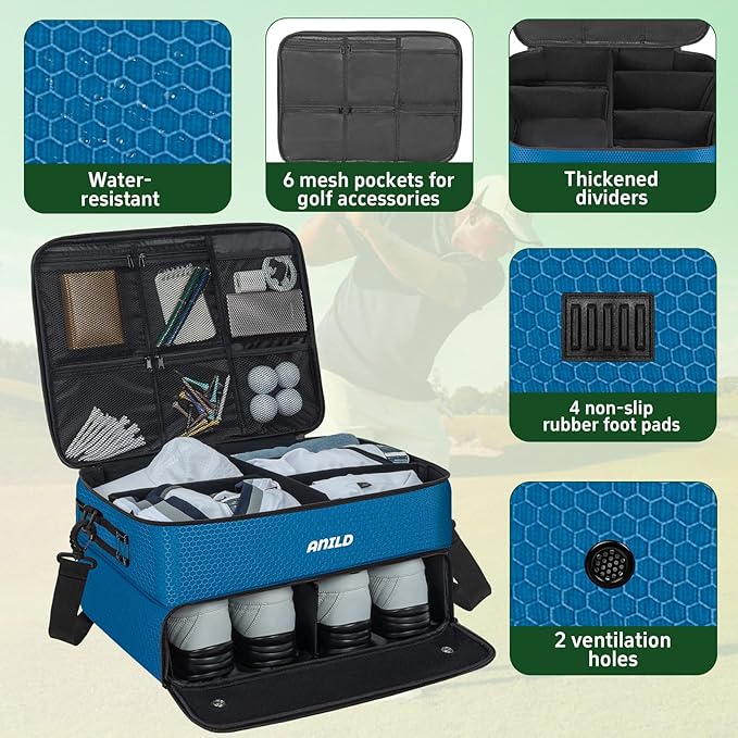 ANILD Golf Trunk Organizer, 2 Layer Golf Storage Case with Separate Ventilated Compartment for 2 Pair Shoes, for Balls, Tees,
