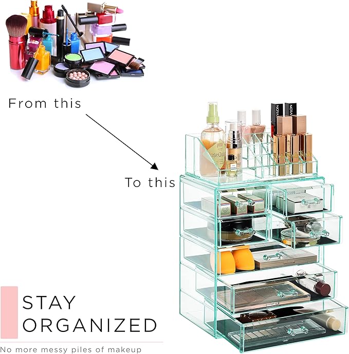Sorbus Acrylic Makeup Organizer Set, 7-Drawer Vanity & Countertop Cosmetic Storage with Small & Wide Compartments, Teal Thril