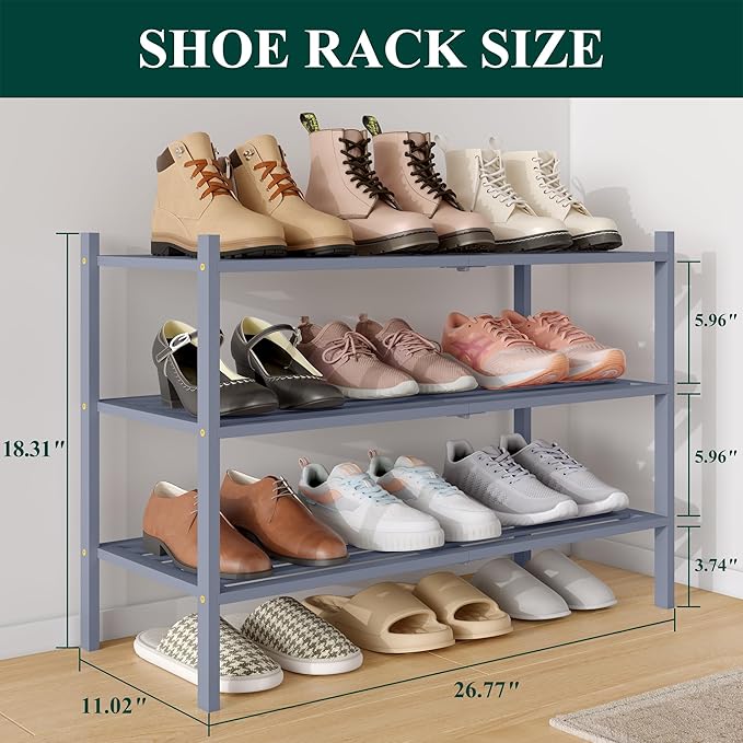 Smiry Bamboo Shoe Rack 3-Tier, Stackable Wooden Shoe Organizer for Entryway & Closet, Free Standing Wood Shoe Storage Shelf f