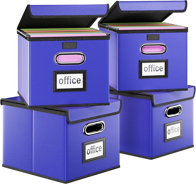 Huolewa Decorative Leather File Organizer Storage Boxes with Lids Set of 4, Document Boxes Organizer, Filing Boxes, Decorativ