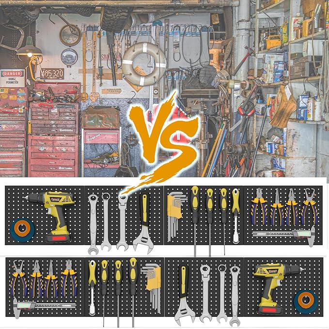Metal Pegboard,4 Pack Metal Pegboard Panels With 8 Hooks,Black Pegboard Wall Organizer,16"x12" Steel Peg Boards for Walls,Too
