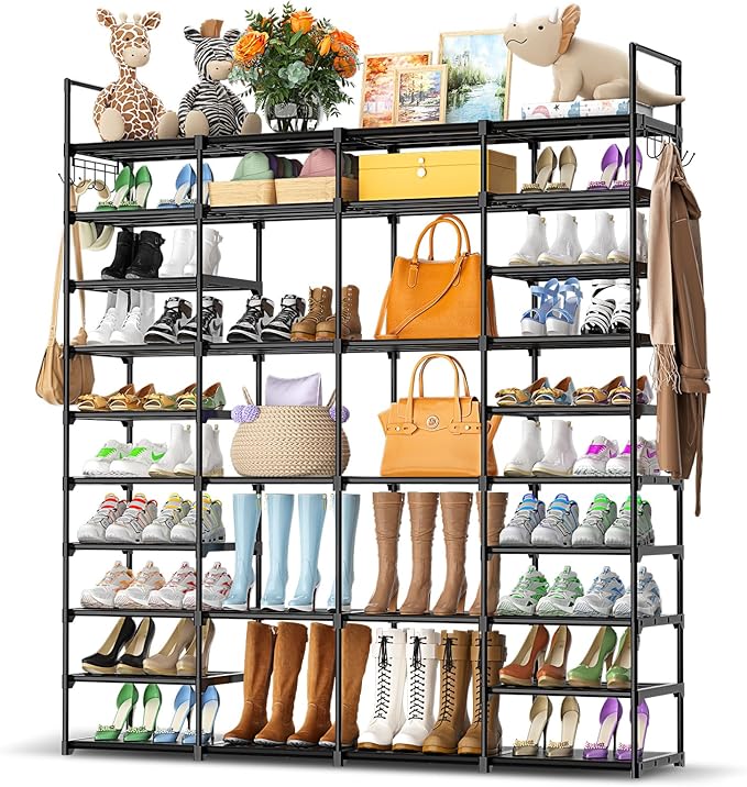 Kottwca 4 Row 10 Tier Large Shoe Rack Organizer for Closet Entryway, 72-80 Pair Shoe Boot Storage Rack, Metal Shoe Shelf Big 