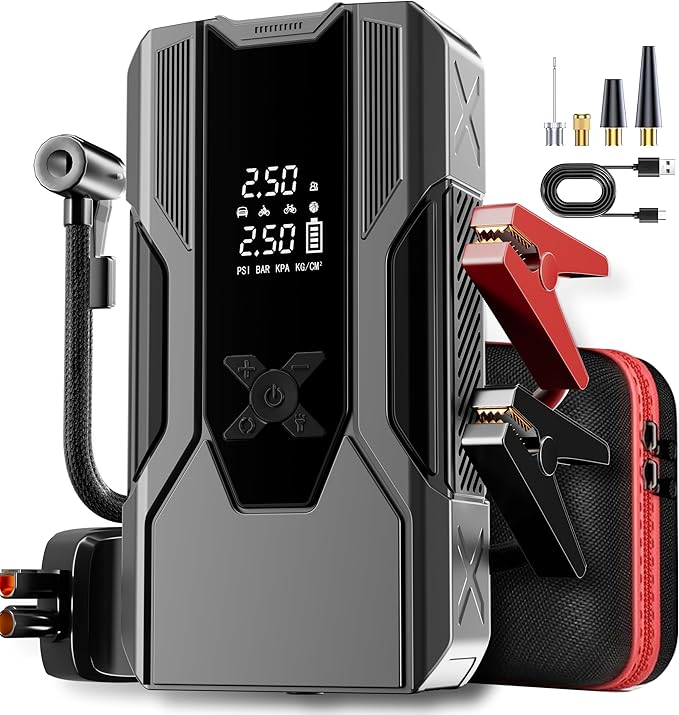Emergency Portable Jump Starter with Air Compressor - 3000A 150PSI for Cars, Trucks & SUVs up to 9L Gas/7L Diesel, 12000mAh