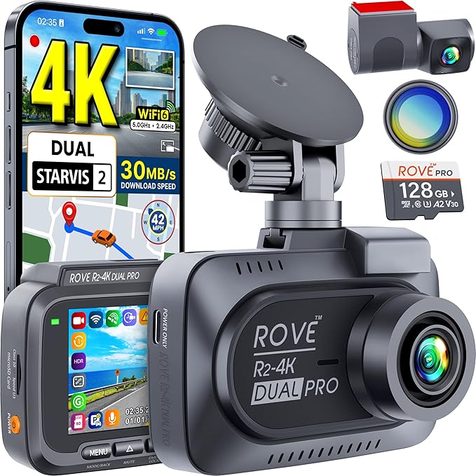 ROVE R2-4K Dual PRO Dash Cam Front and Rear, True 4K+2K Dash Camera for Cars, STARVIS 2 IMX678 + IMX675 Sensors, Free 128GB C