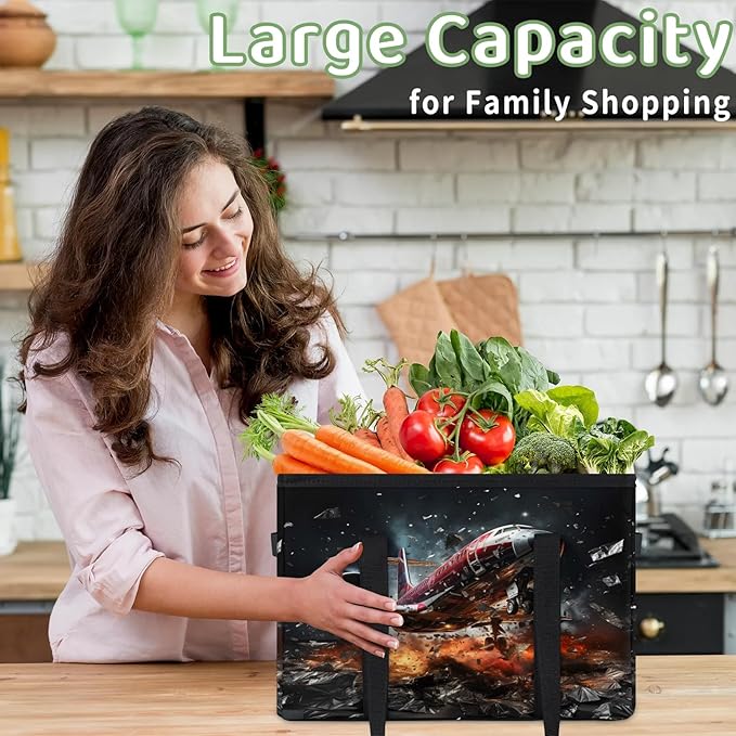 Reusable Grocery Bags Heavy Duty Shopping Bags Foldable Large Tote Bags with Long Handles & Hard Bottom