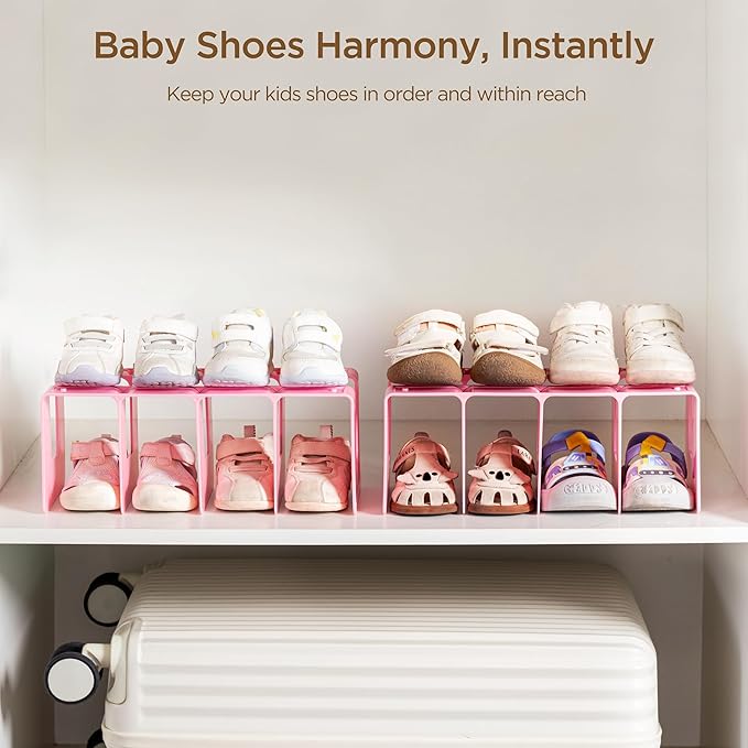 HBlife Pink Acrylic Kids Shoe Rack for Closet Organizers and Storage, Small Shoe Rack 4 Sections Toddler Baby Shoe Storage Or