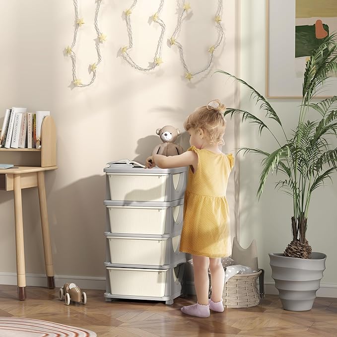 Qaba 4 Tier Kids Storage Unit, Toy Organizers and Storage with 4 Drawer Chest for Kids Bedroom Nursery Kindergarten Living Ro