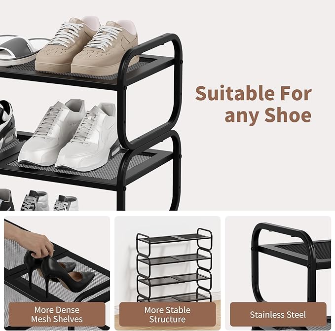 4Tier Shoe Rack - Expandable Shoe Organizer for Closet, Adjustable Metal Shoe Shelf Storage, Stackable Long Shoe Stand Holder