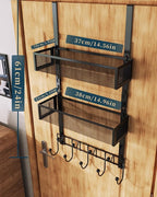 Consumest Over The Door Hooks Organizer - Extra Long Door Hanger with 9 Coat Hooks & 2 Mesh Basket, Back Storage Organizer Ha