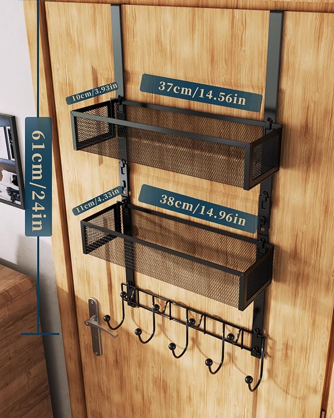 Consumest Over The Door Hooks Organizer - Extra Long Door Hanger with 9 Coat Hooks & 2 Mesh Basket, Back Storage Organizer Ha
