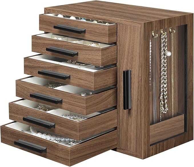 HOOBRO Jewelry Box for Women, Jewelry Organizer Box, 6-Tier Wooden Jewelry Box, Jewelry Case with Side Transparent Window, Cr