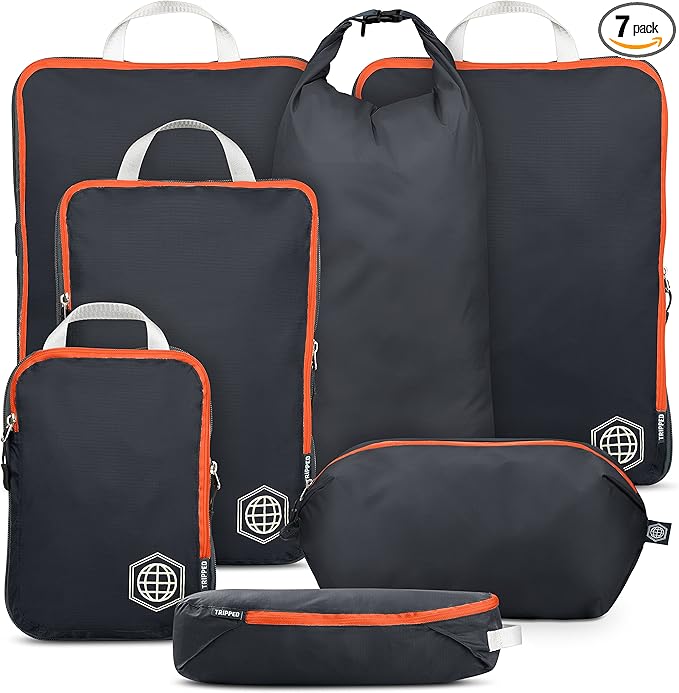 TRIPPED XL Compression Packing Cubes — 7-Piece Set for Checked Luggage | Extra-Large (15.7"×11"×4") + Large + Small + Tube + 