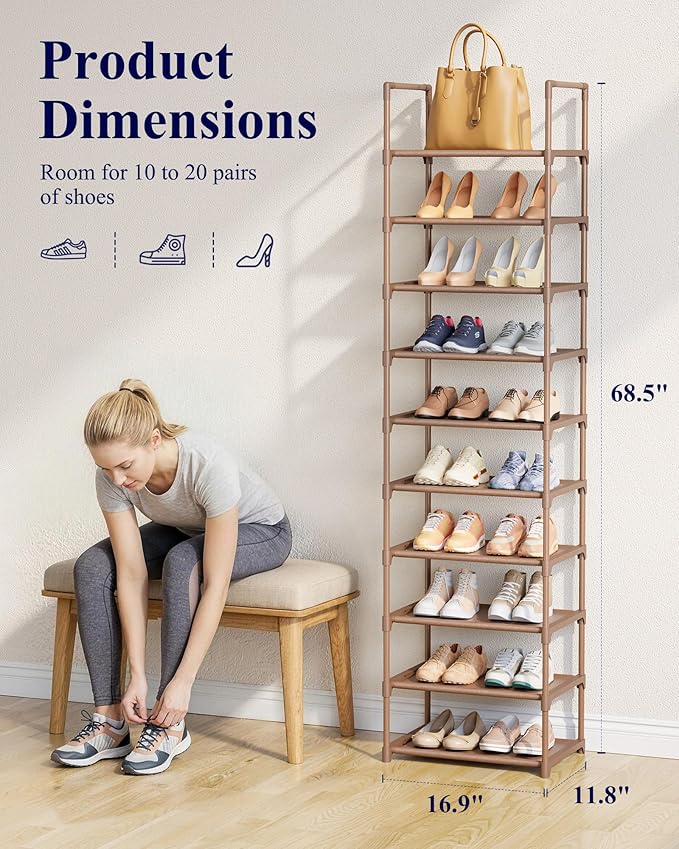 Kitsure Shoe Rack - 10-Tier Shoe Organizer with Detachable Fabric Shelves & Metal Frame, Tall Shoe Rack for Closet, Entrance,