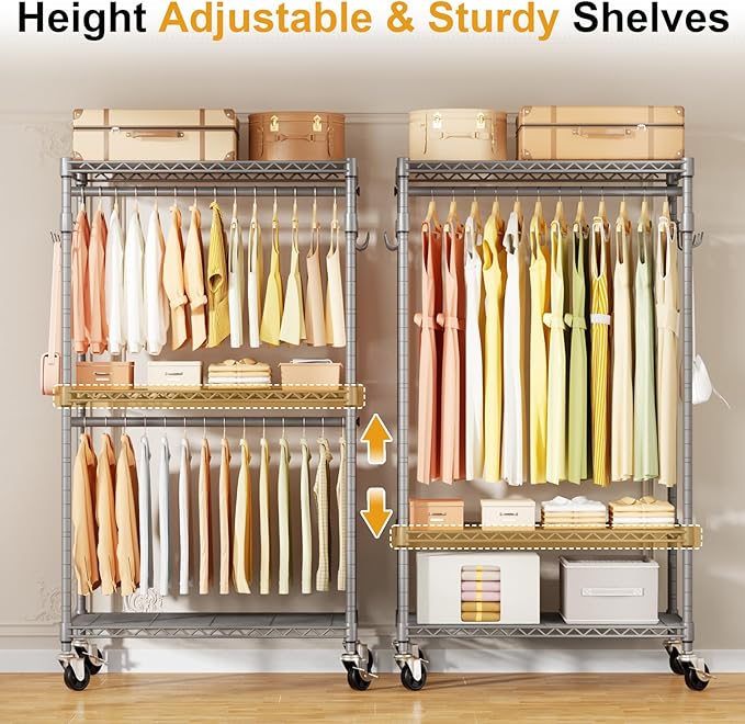 ULIFHOME P1 Rolling Clothing Rack with Lockable Wheels, Heavy-Duty Garment Rack for Hanging Clothes, Portable Closet Wardrobe