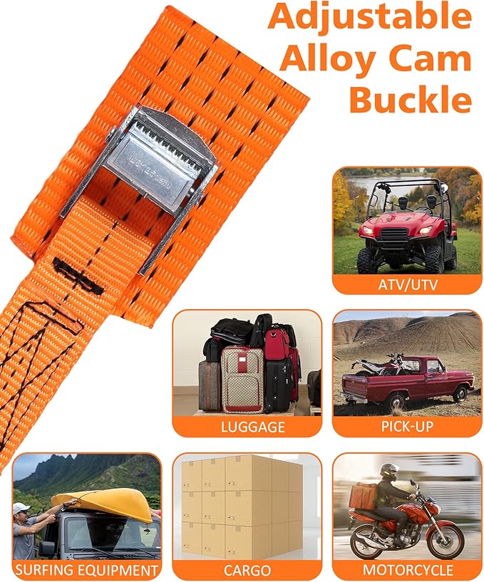 Upgraded 1'' x 8' Tie Down Straps, Cargo Roof Rack Strap Cam Buckle with Hooks, Heavy Duty Secure Strap, Orange - Pack of 2