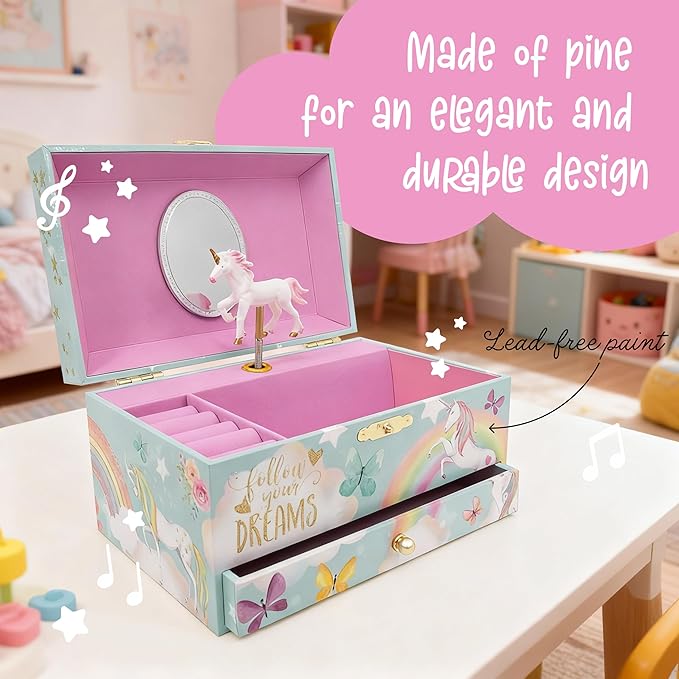 The Memory Building Co Unicorn Musical Jewelry Box Plays Classic Melody, Storage Organizer Music Box for Kids Ages 6-12, MDF 