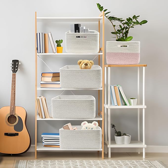 COMFY-HOMI 3 pcs Large Storage Baskets for Shelves, Laundry Basket, Woven Rope Basket, Closet Organizer Bins for Clothes Blan