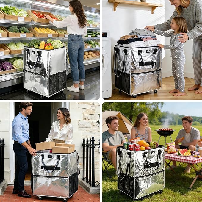 Large Reusable Grocery Bag On Wheels, 130L Foldable Tote, 5 Swivel Wheel Shopping Trolley with Multiple Pockets, Zippered Top, Folds Flat for Storage, for Shopping, Laundry, Camping, Moving, Silver
