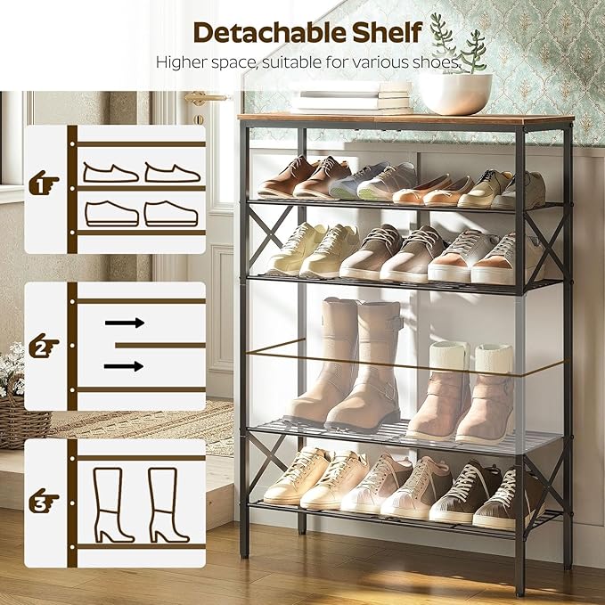 YATINEY 6-Tier Shoe Rack, Shoe Storage Organizer for Closet, Free Standing Shoe Organizer with Metal Mesh Shelves, 24 Pairs o